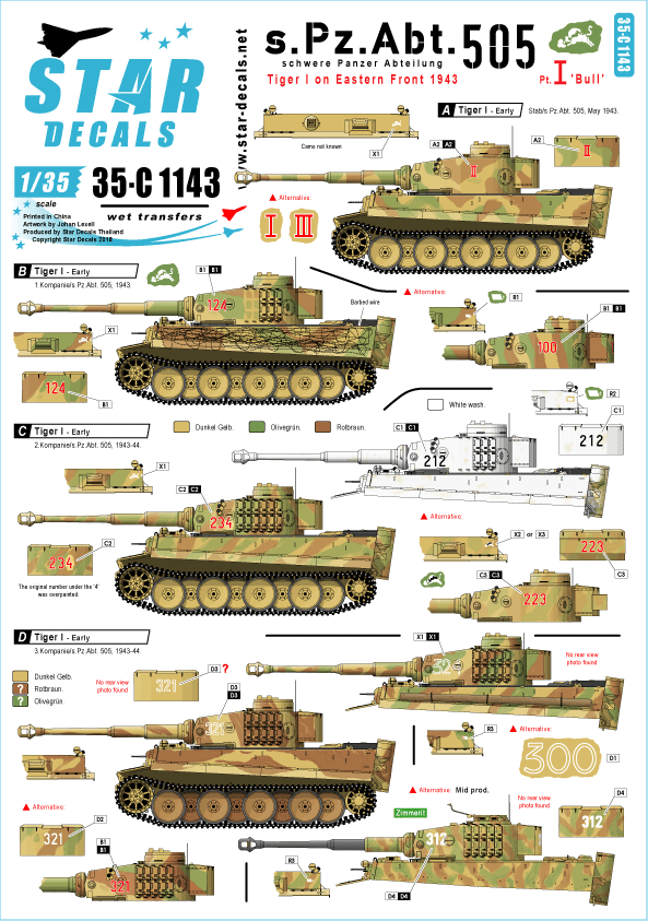 Star Decals 35-C1143 s.Pz.Abt. 505 #1Tiger I - Early and Mid production 1/35